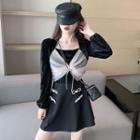 Mesh Twisted Blouse / Faux Pearl Bow A-line Skirt