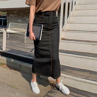 Slit-hem Stitch-trim Denim Skirt
