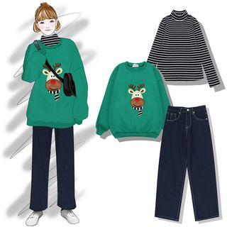 Mock Neck Long-sleeve Striped Top / Applique Pullover / Straight-cut Jeans