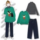 Mock Neck Long-sleeve Striped Top / Applique Pullover / Straight-cut Jeans