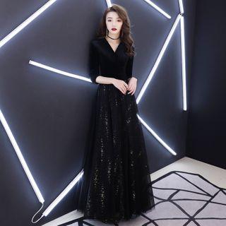 Black V Collar Bling Bling Spliced Mesh Dress