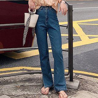 Plain High-waist Loose-fit Boot-cut Jeans
