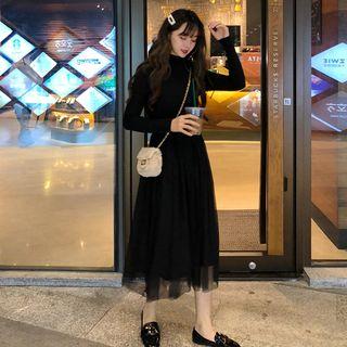 Mesh Panel Long-sleeve A-line Dress / Mock-neck Long-sleeve A-line Dress