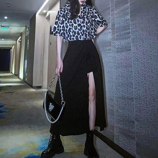 Short-sleeve Leopard Print Shirt / Midi A-line Skirt / Set