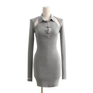 Set: Ribbed Crop Top + Halter-neck Collared Sheath Dress