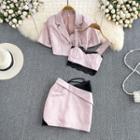 Set: Crop Blazer + Lace Trim Crop Camisole + Skirt