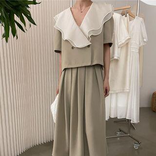 Short-sleeve Wide Collar Double-breasted Blouse / Midi A-line Skirt