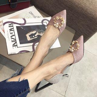 Faux Leather Faux Pearl Pointed High-heel Pumps