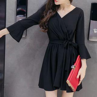3/4-sleeve Sashed A-line Mini Dress