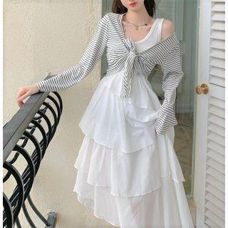 Sleeveless Tiered Midi Dress / Long-sleeve Striped Tied Top