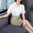 Short-sleeve Plaid Pencil Shirt Dress
