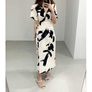 Short-sleeve Printed Midi A-line Wrap Dress As Shown In Figure - One Size
