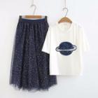 Set: Elbow-sleeve T-shirt + Overlay Midi Skirt