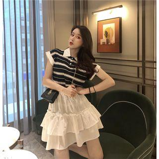 Short-sleeve Stripe Polo Shirt / Ruffle Hem Mini Skirt