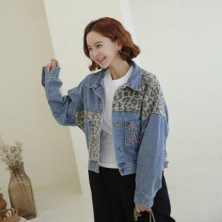 Leopard-trim Letter Print Denim Jacket Blue - One Size