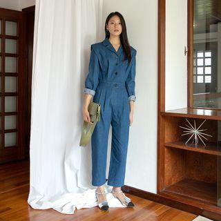 Pintuck-trim Denim Jumpsuit