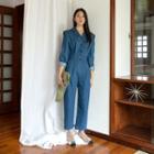 Pintuck-trim Denim Jumpsuit