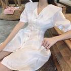 Elbow-sleeve Wide-collar Buttoned A-line Mini Dress