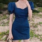 Puff-sleeve Bow-back Denim Mini Sheath Dress Dark Denim Blue - One Size