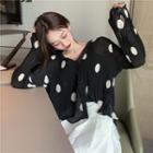 Dot V-neck Long-sleeve Loose-fit Blouse