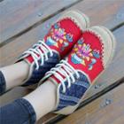 Printed Flower Embroidered Lace Up Shoes