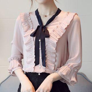 3/4-sleeve Tie Neck Ruffle Trim Blouse