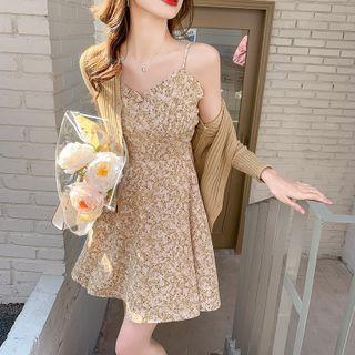 Set: Spaghetti Strap Floral Print A-line Dress + Ribbed Cardigan