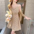Set: Spaghetti Strap Floral Print A-line Dress + Ribbed Cardigan