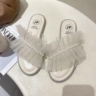 Faux Pearl Mesh Flat Slide Sandals