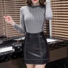 Set: Knit Top + Faux Leather A-line Skirt