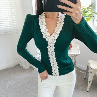 V-neck Lace-trim Rib Top