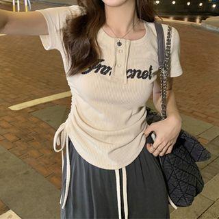 Short-sleeve Lettering Drawstring Knit Top Khaki - M