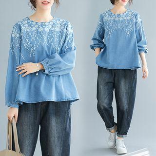 Denim Embroidered Tunic Top