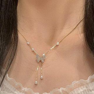 Butterfly Rhinestone Fringed Alloy Necklace Gold - One Size