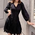 Lantern-sleeve Mini Embroidered A-line Dress