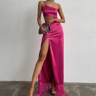 One-shoulder Cutout Fringe Slit Evening Gown