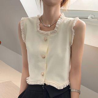 Sleeveless Square Neck Tassel Trim Button-up Crop Top