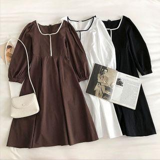 Color-block Trim Square-neck Single-breasted Long-sleeve Dress