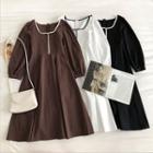 Color-block Trim Square-neck Single-breasted Long-sleeve Dress