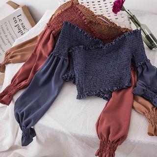 Puff-sleeve V-neck Smocked Crop Top