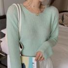 Long-sleeve Round Neck Plain Perforated Light Knit Top