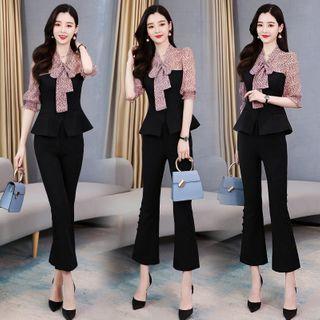Set: Tie Neck Elbow-sleeve Top + Boot Cut Pants