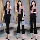 Set: Tie Neck Elbow-sleeve Top + Boot Cut Pants