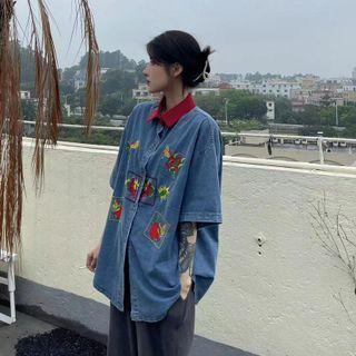 Short-sleeve Contrast Collar Embroidered Denim Shirt