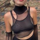 Set: Turtleneck Mesh Tank Top + Round Neck Tank Top + Arm Sleeves