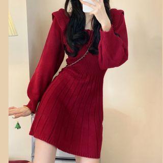 Long-sleeve Frill Trim Knit Mini Dress Red - One Size