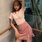 Cross Back Short-sleeve T-shirt / Plaid A-line Skirt