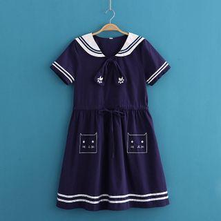 Sailor-neck Cat Embroidered Dress