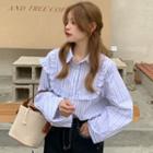 Long-sleeve Striped Frill Trim Blouse Blue Stripes - White - One Size