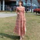 Short-sleeve Off-shoulder Floral Midi A-line Smock Dress